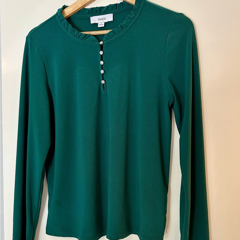Ce Ce Green Long Sleeve Henley with Ruffle neck and sparkle buttons